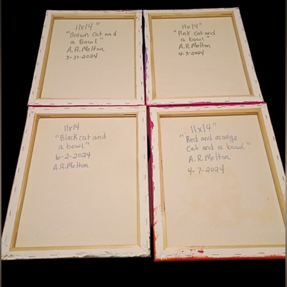 Handpainted Bulk Lot Of 4 Cat And A Bowl Paintings Signed Wall Decor 11x14" - Picture 2 of 2